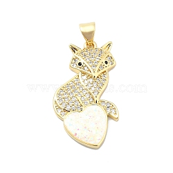 Brass Micro Pave Clear Cubic Zirconia Pendants, with Sythetic Opal, Fox, Real 18K Gold Plated, 28.5x16x4mm, Hole: 4x3.5mm(KK-A221-14A-G)