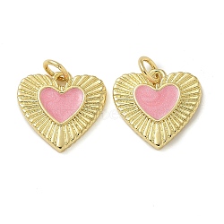 Rack Plating Brass Enamel Charms, with Jump Ring, Long-Lasting Plated, Lead Free & Cadmium Free, Heart Charms, Real 18K Gold Plated, Pink, 13.5x14.5x2mm, Hole: 3mm(KK-K392-34G-03)