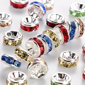 Brass Rhinestone Spacer Beads, Grade AAA, Straight Flange, Nickel Free, Silver Color Plated, Rondelle, Mixed Color, 5x2.5mm, Hole: 1mm