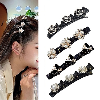 Fashion Double Layer Plastic Alligator Hair Clips Sets, Flower & Butterfly Hair Accessories for Woman Girls, Black, 93x16~19.5x32.5~35mm, 4pcs/set