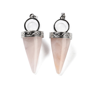 Natural Rose Quartz Pendants, with Rack Plating Brass Findings, Lead Free & Cadmium Free, Cone, 46~47x18mm, Hole: 7x5mm