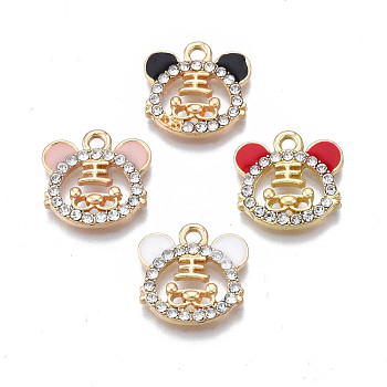 Alloy Enamel Charms, with Crystal Rhinestone, Cadmium Free & Nickel Free & Lead Free, Light Gold, Tiger Head with Chinese Character King, Mixed Color, 14x14.5x2.5mm, Hole: 1.6mm