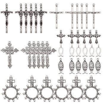 42Pcs 7 Style Tibetan Style Alloy Links Pendants and Pendants, Cross & Crucifix Cross & Jesus & Jesus Fish, Antique Silver, 20~49x8~32x2~6mm, Hole: 1~2mm, 6pcs/style