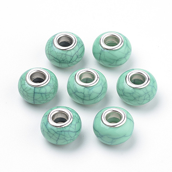 Imitation Turquoise Style Resin European Beads, Large Hole Beads, with Silver Color Plated Brass Double Cores, Rondelle, Medium Aquamarine, 14x9.5mm, Hole: 5mm