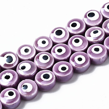 Handmade Porcelain Ceramic Beads Strands, Bright Glazed Porcelain, Flat Round with Evil Eye, Medium Orchid, 8x5mm, Hole: 1.5mm, about 40pcs/strand, 12.01 inch(30.5cm)