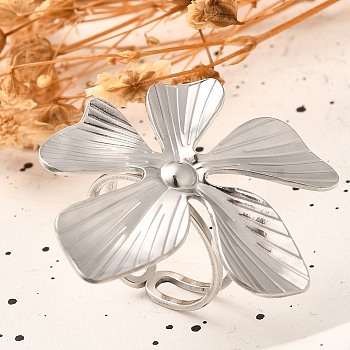 Flower Stainless Steel Open Cuff Ring for Women, Stainless Steel Color, Inner Diameter: 17mm, Flower: 34.5x33.5mm