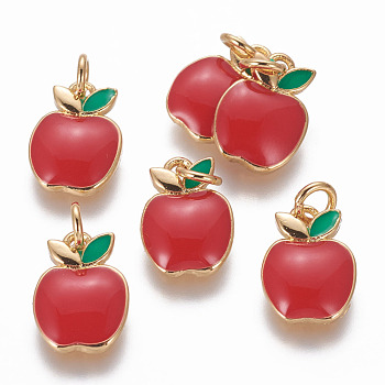 Brass Enamel Charms, Apple, Golden, Red, 14x10x2mm, Hole: 3mm