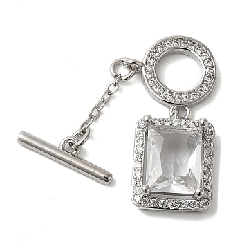 Brass Micro Pave Clear Cubic Zirconia Toggle Clasps, Rectangle, Platinum, Bar: 15.5mm; Rectangle: 25mm