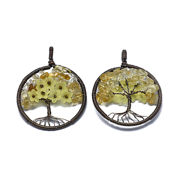 Natural Citrine Pendants, with Acrylic and Brass Findings, Flat Round with Tree of Life, 59x47~47.5x9.5~10mm, Hole: 4mm