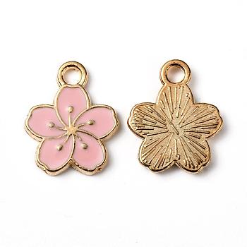 Alloy Enamel Charms, Plum Blossom Flower, Light Gold, Pink, 14.5x12x1.5mm, Hole: 2mm