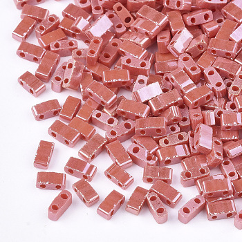 2-Hole Opaque Glass Seed Beads, Lustered, Rectangle, FireBrick, 4.5~5.5x2x2~2.5mm, Hole: 0.5~0.8mm