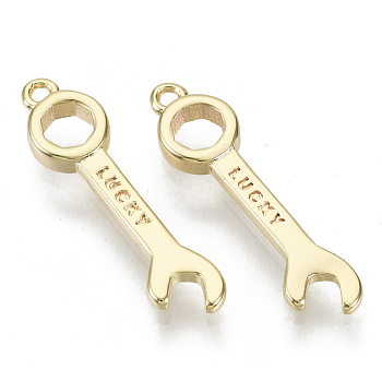 Brass Pendants, Nickel Free, Wrench with Word Lucky, Golden, 18x5x2mm, Hole: 1mm