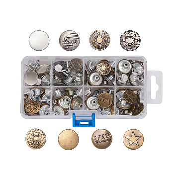 Iron Button Pins for Jeans, Garment Accessories, Flat Round with Pattern, Mixed Color, 6pattern, 17x7.5mm, Hole: 1.8mm, Pin: 7.5x8mm, Knob: 2.5mm, 80set/box