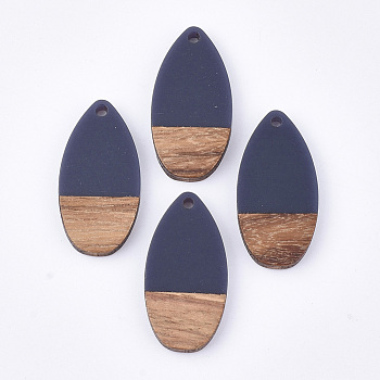 Resin & Walnut Wood Pendants, teardrop, Prussian Blue, 31x16x3.5~4mm, Hole: 1.5mm