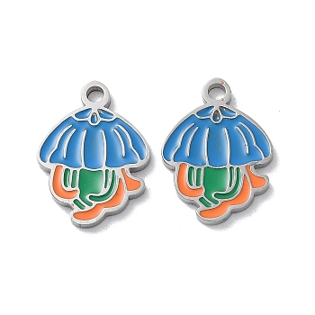 304 Stainless Steel Pendants, with Enamel, Jellyfish Charm, Stainless Steel Color, 16.5x12x1.5mm, Hole: 1.8mm