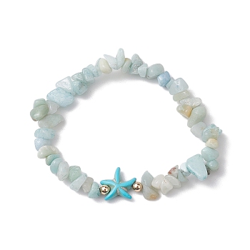 Natural Flower Amazonite Chip Beaded Stretch Bracelets, with Dyed Synthetic Turquoise Beads for Women Men, Starfish, Inner Diameter: 2-1/8 inch(5.5cm)