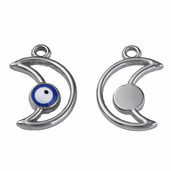 304 Stainless Steel Enamel Pendants, Moon with Evil Eye, Stainless Steel Color, Dark Blue, 18x12x3mm, Hole: 1.6mm