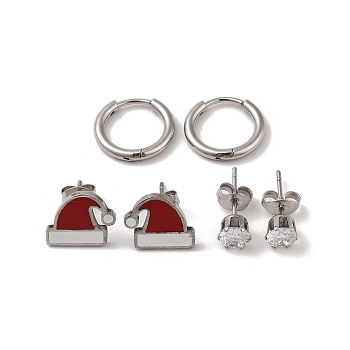 3 Pairs 3 Styles Christmas 304 Stainless Steel Hoop & Studs Earrings Set for Women, with Enamel & Cubic Zirconia, Stainless Steel Color, Hat, 6~10x6~12mm, 1 pair/style