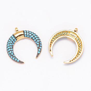 Brass Micro Pave Grade AAA Cubic Zirconia Pendants, Double Horn/Crescent Moon, Cadmium Free & Nickel Free & Lead Free, Real 18K Gold Plated, 21.5x20x3mm, Hole: 1.5mm