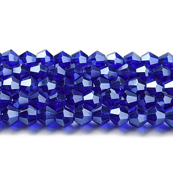 Transparent Electroplate Glass Beads Strands, Pearl Luster Plated, Faceted, Bicone, Dark Blue, 6x6mm, Hole: 1mm, about 45~47pcs/strand, 9.65~9.84 inch(24.5~25cm)