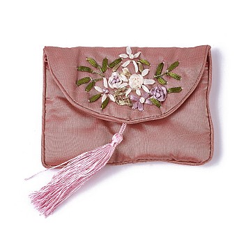 Embroidery Cloth Zip Pouches, with Tassels and Stainless Steel Snap Button, Rectangle, Pale Violet Red, 12x8.5cm