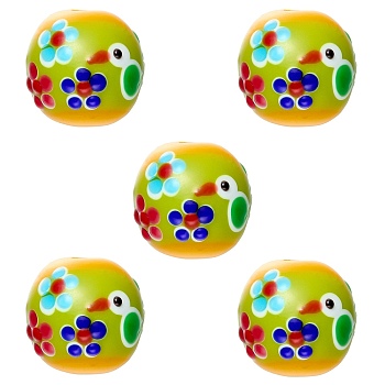 5Pcs Handmade Lampwork Beads, Round with Bird & Flower, Gold, 16~16.5x15.5~16mm, Hole: 2.5~2.6mm