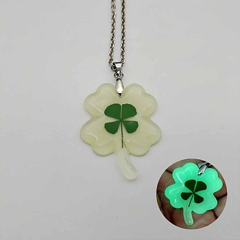 Glow in the Dark Resin Clover Pendant Necklace, Cable Chain Necklaces