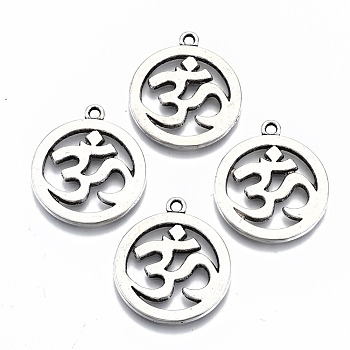 Tibetan Style Alloy Pendants, Flat Round with Yoga Symbol, Cadmium Free & Lead Free, Antique Silver, 29x25x2mm, Hole: 2mm