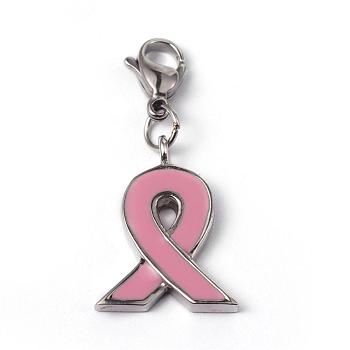 316 Surgical Stainless Steel Enamel Pendants, Breast Cancer October Breast Cancer Pink Awareness Ribbon, with Words, Pink, 20x15x2.5mm, Hole: 3.5mm