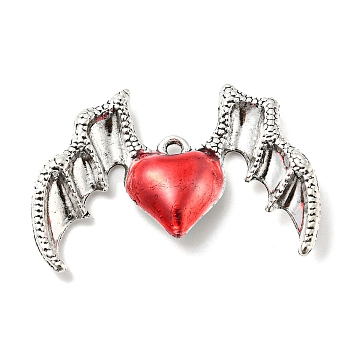 Alloy Enamel Pendants, Antique Silver, Heart with Wing Charm, Red, 25x37x5mm, Hole: 1.8mm