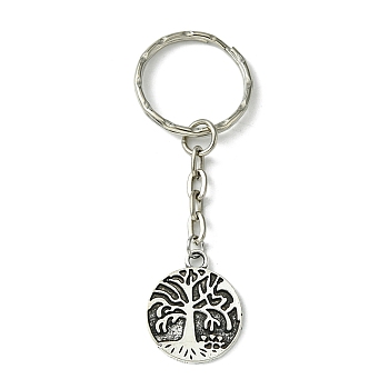 Iron Split Keychains, with Alloy Pendants, Tree of Life Charms,, Antique Silver, 7.3cm