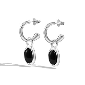 Natural Black Agate Oval Dangle Stud Earrings, S925 Sterling Silver Half Hoop Earrings, with S925 Stamp, 28.5x9.5mm