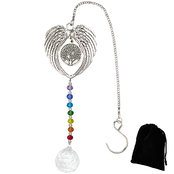1Pc Heat Transfer Alloy Angel Wing Hanging Ornaments, Glass Round Tassel Suncatchers for Outdoor Garden Decorations, Antique Silver & Platinum, 450mm