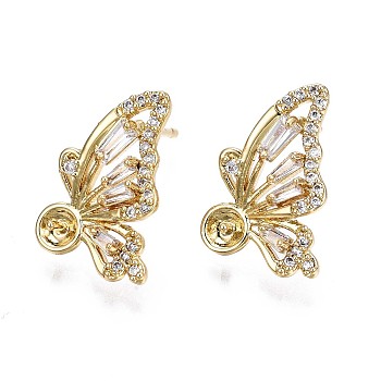Brass Micro Pave Clear Cubic Zirconia Stud Earring Findings, Butterfly, Real 18K Gold Plated, 16.5x12mm, Pin: 0.6mm, pin: 0.9mm(for Half Drilled Bead).