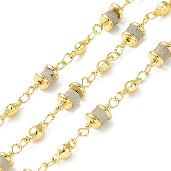 Natural Labradorite Column Link Chains, with Real 18K Gold Plated Brass Findings, Soldered, with Spool, 5x14x5mm