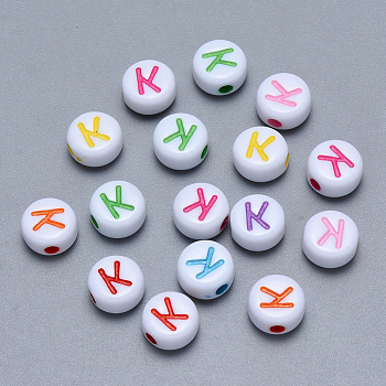 Craft Acrylic Horizontal Hole Letter Beads, Flat Round, Mixed Color, Letter.K, 7x3.5~4mm, Hole: 1.5mm, about 3600pcs/500g
