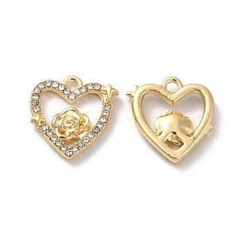 Crystal Rhinestone Pandants, with Rack Plating Alloy Findings, Nickel Free, Heart with Flower Charms, Golden, 14x14x2.5mm, Hole: 1.5mm