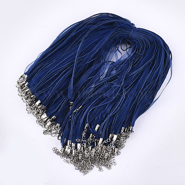 Waxed Cord and Organza Ribbon Necklace Making, with Iron Lobster Claw Clasps, Platinum, Dark Blue, 17.6 inch~17.8 inch(45~455cm), 7mm(X-NCOR-T002-227)