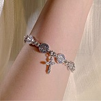 Alloy Charm Bracelets, Beaded Stretch Bracelets for Women Men, Flat Round with St Benedict & Cross, Antique Silver, 7.09 inch(18cm)(JD5667)