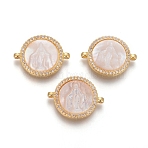 Brass Micro Pave Cubic Zirconia Links Connectors, Cadmium Free & Lead Free, with Shell, Flat Round with Virgin Mary, Clear, Golden, 15x20x4mm, Hole: 1.2mm(KK-I656-47G)