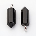 Brass Natural Obsidian Pendants, Bullet, Platinum, Pointed Pendant, 33~36x12mm, Hole: 5x7mm(X-G-O160-03G)