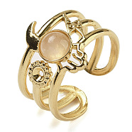 Natural Rose Quartz Finger Rings, Hamsa Hand 304 Stainless Steel Multi-layer Open Cuff Rings, Real 18K Gold Plated, 15mm, Adjustable(RJEW-U027-07G-09)