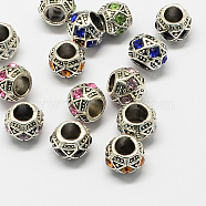 Alloy Rhinestone European Beads, Rondelle Large Hole Beads, Antique Silver, Mixed Color, 11x8~9mm, Hole: 5~6mm(MPDL-R036-05)