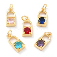 Real 18K Gold Plated Brass Micro Pave Cubic Zirconia Charms, with Jump Ring, Long-Lasting Plated, Lock, Mixed Color, 15.5x7x3.5mm, Jump Ring: 5x1mm, 3mm Inner Diameter(ZIRC-L100-080G)