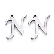 201 Stainless Steel Charms, Laser Cut, Stainless Steel Color, Letter.N, 13x12x1mm, Hole: 1mm(STAS-R105-N)
