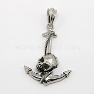 Retro Men's Halloween Jewelry 304 Stainless Steel Big Anchor with Skull Big Pendants, Antique Silver, 70x41x10mm, Hole: 12.5x8mm(STAS-O044-86)