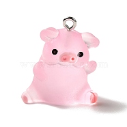 Translucent Resin Pendants, Pig Charm, with Platinum Tone Iron Findings, Pearl Pink, 25x23x16.5mm, Hole: 2mm(RESI-E031-01P-01)