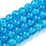 Spray Painted Crackle Transparent Glass Beads Strands, Round, Deep Sky Blue, 8mm, Hole: 1.3~1.6mm, about 100pcs/strand, 31.4 inch(CCG-Q001-8mm-06-A)