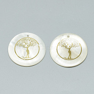 Freshwater Shell Pendants, Covered with Iron Findings, Flat Round with Tree of Life, Golden, 30~31x2~3mm, Hole: 1.8mm(SHEL-Q016-013G)