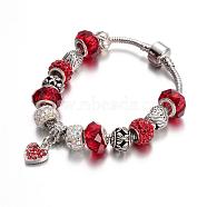 Alloy Rhinestone Bead European Bracelets, with Glass Beads and Brass Chain, Red, 190mm(BJEW-L602-12C)